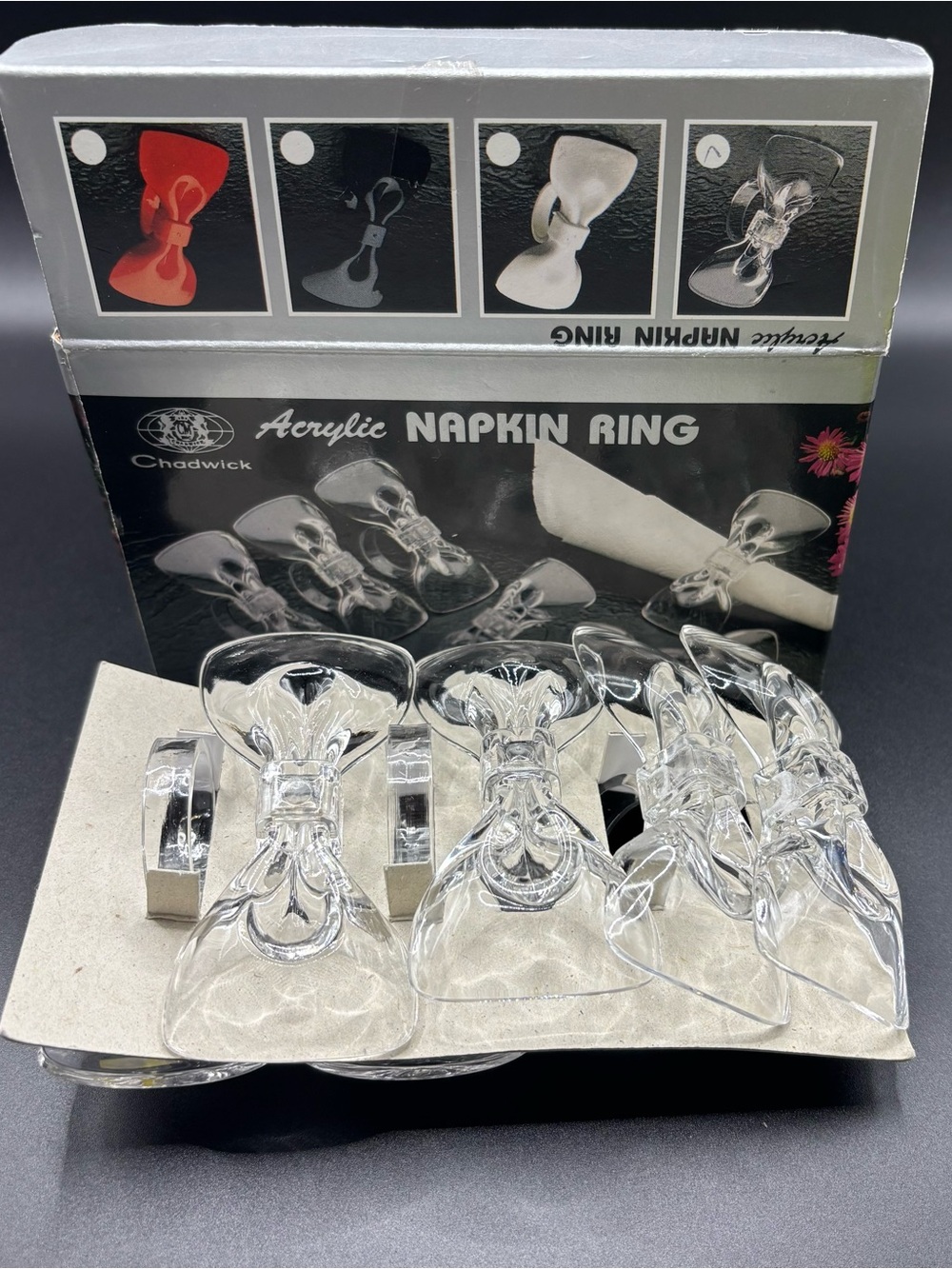 VTG Chadwick Clear Acrylic Bow Napkin Rings Set of 6 NIB